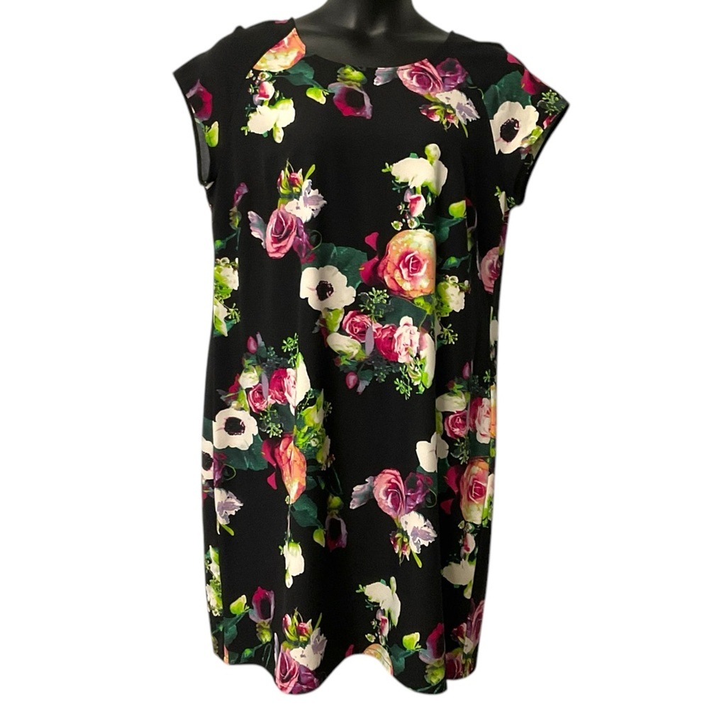 Merona Floral Sheath Dress SZ XXL Black Pink Casual Lightweight Feminine Comfort - Picture 4 of 7